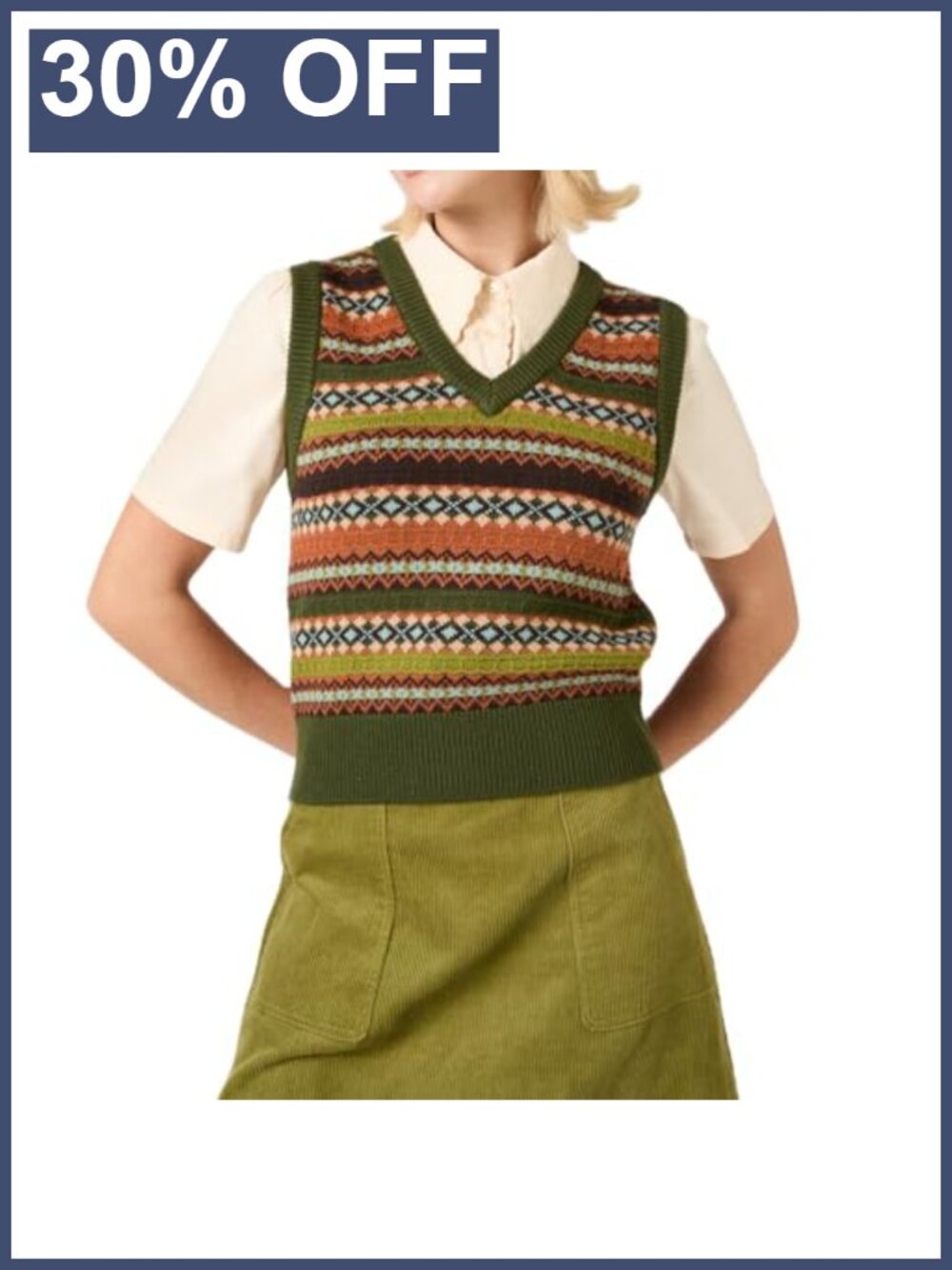 Vintage Knit Crop Sweater Vest Sleeveless V Neck Argyle Plaid Slim Fit